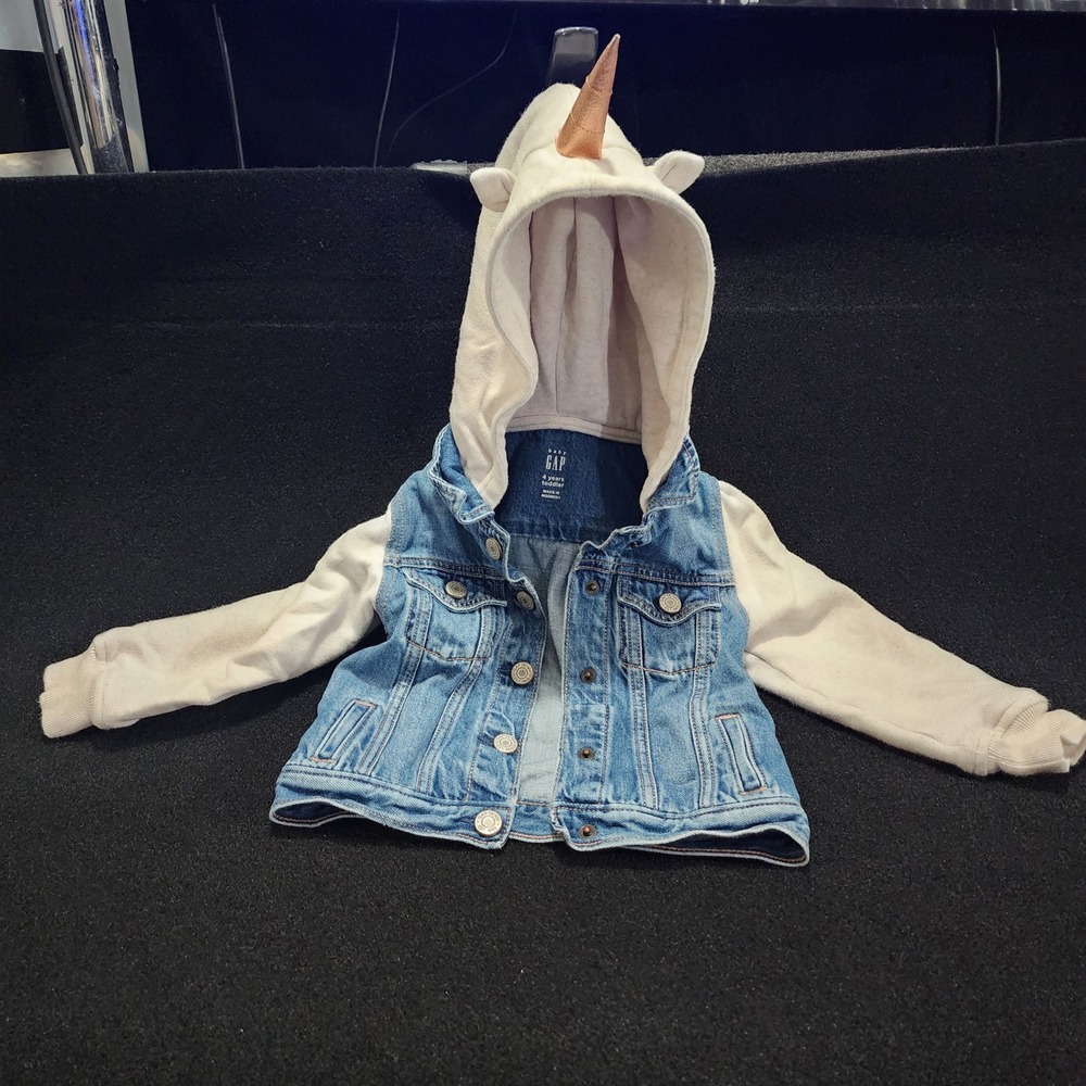 Baby Gap Toddler Girls Blue Denim Unicorn Hoodie Jacket 4Years 4T Rose Gold Horn